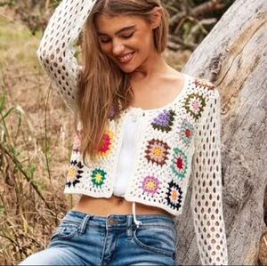 NWOT Debut White Crochet Square Cardigan With Tie Detail Top Size Small